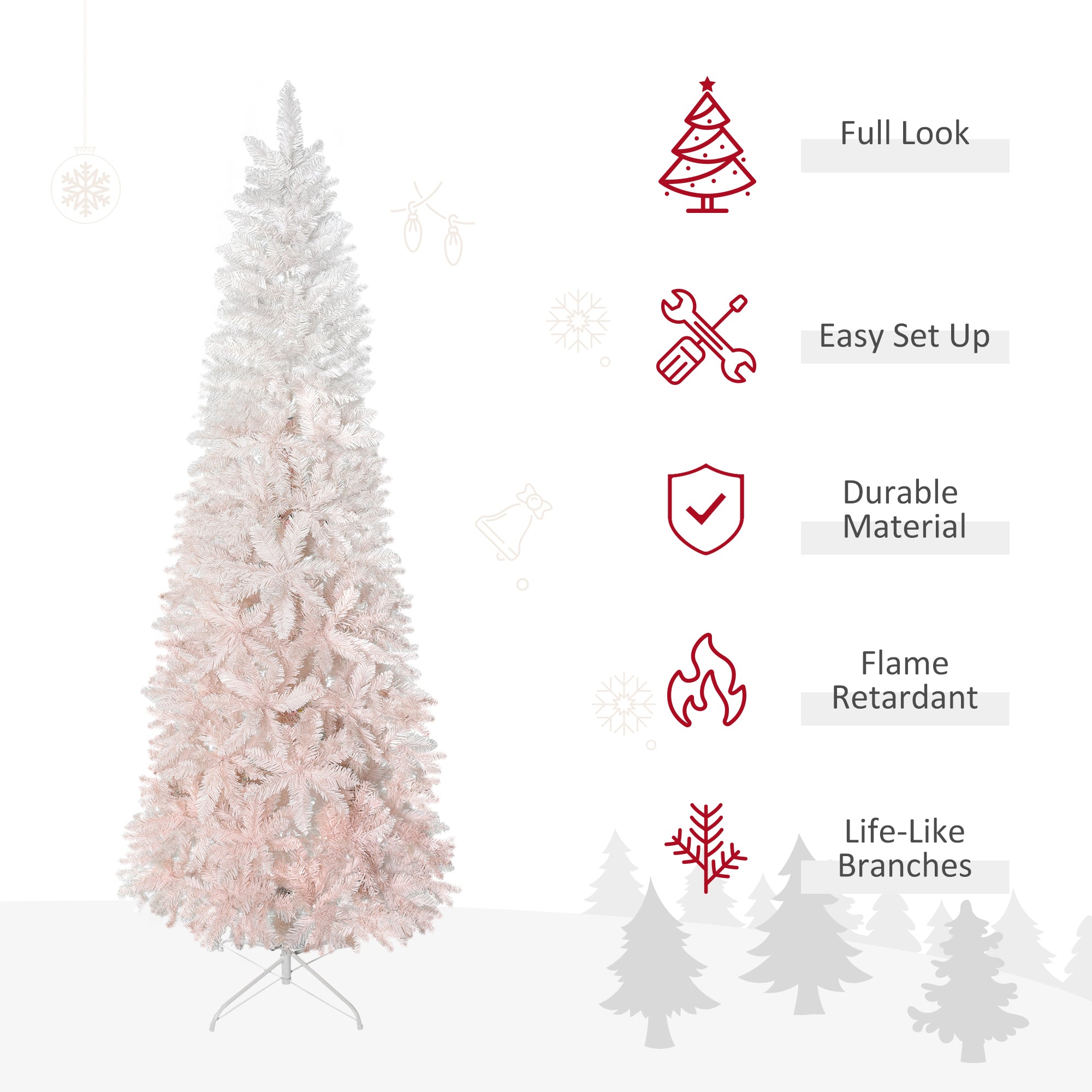HOMCOM 6ft Pink & White Pencil Fir Artificial Christmas Tree | Slim Unlit PVC Xmas Tree with Realistic Branches & Steel Base | Perfect for Small Spaces, Entryways, Fireplace Decor