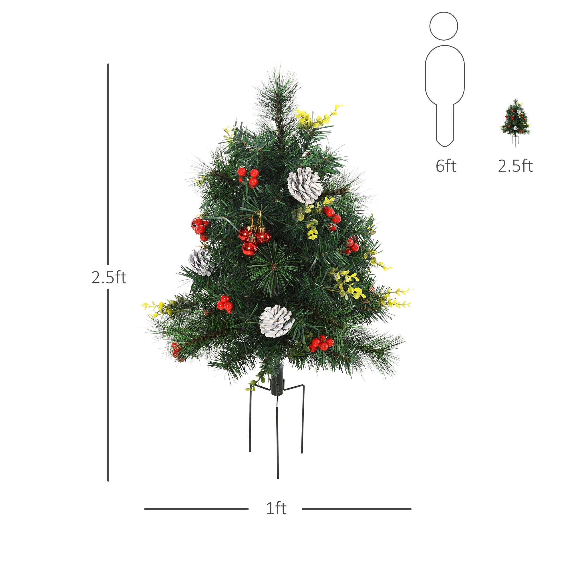 HOMCOM 2-Pack 22.5" Outdoor Pre-Lit Artificial Pine Christmas Trees, Cordless Warm White Lights, Berries &amp; Pinecones, Green Plastic, for Driveway/Front Door Decor