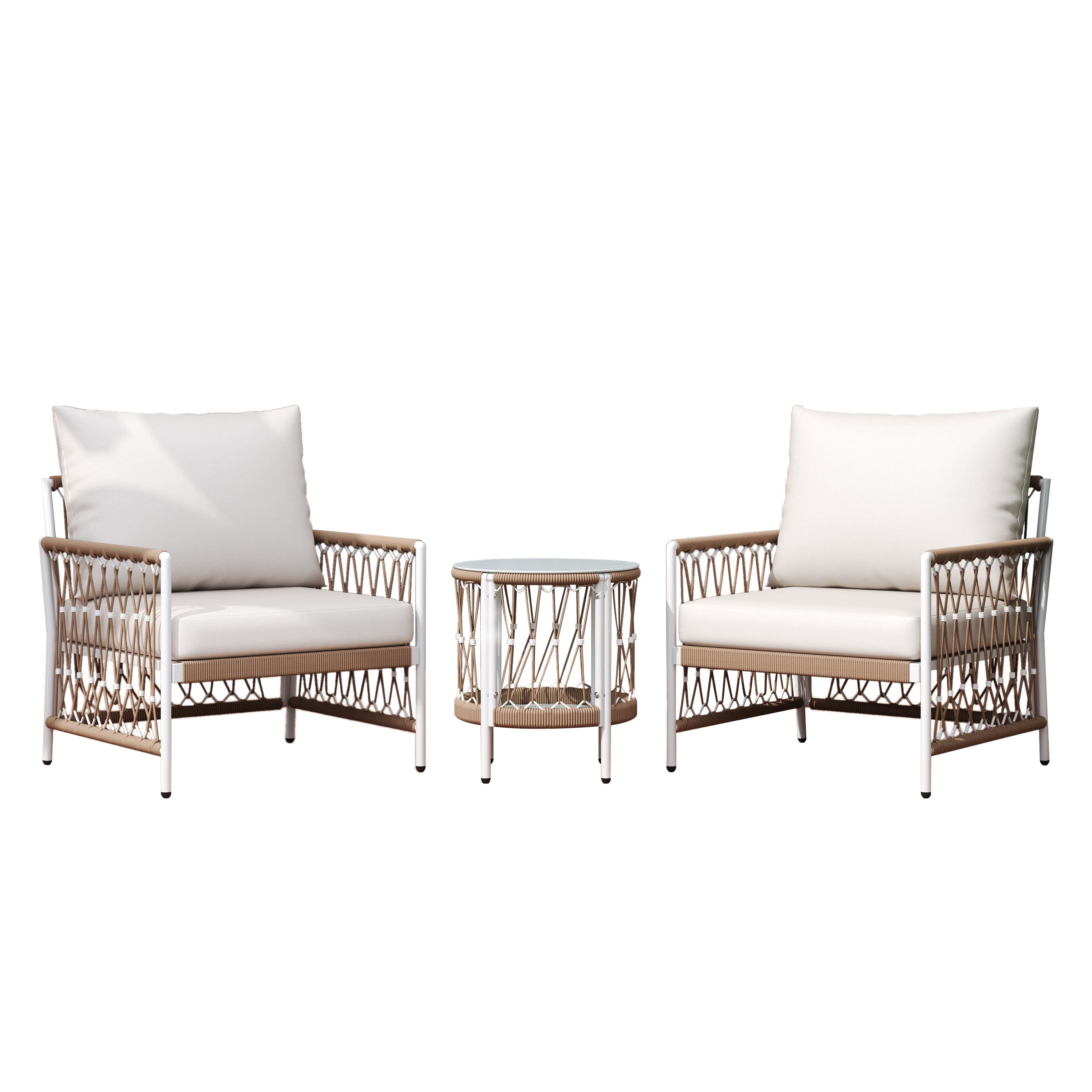 Boho 3-Piece Outdoor Furniture Set: 2 Lounge Chairs & Glass Side Table | Handwoven Rope, Powder-Coated Steel | Waterproof Cushions | Patio, Garden, Poolside Relaxation