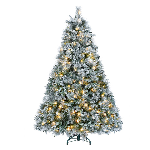 4FT Snow-Flocked Christmas Tree: Pine & Eucalyptus Mix, 150 Warm White LEDs, 404 Hinged Tips, Metal Stand - Realistic Snowy Artificial Tree for Cozy Holiday Decor