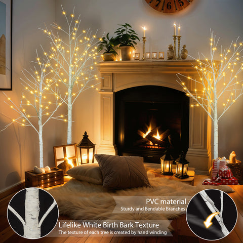 Set of 3 Lighted White Birch Trees (4ft, 5ft, 6ft) with 216 Warm White LEDs - Flexible Artificial Trees for Indoor/Outdoor Holiday &amp; Party Decoration
