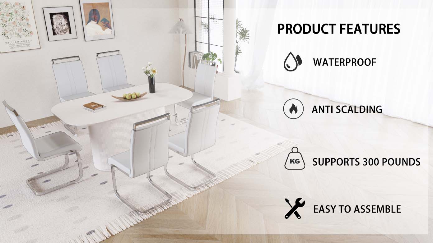 63" Creamy White MDF Dining Table Set for 6-8, Modern Mid-Century Style PU Leather Armless Chairs with Silver Metal Legs, Perfect for Home Kitchen & Dining Room