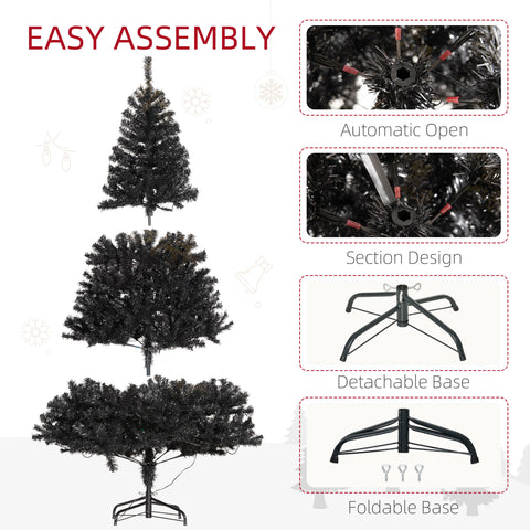 HOMCOM 6ft Black Douglas Fir Artificial Christmas Tree | 1000 Tips, 250 Warm White LED Lights | Realistic Plastic Branches, Sturdy Metal Base | Indoor Holiday Decor