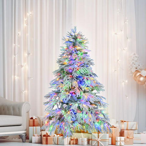 6FT Snow Flocked Spruce Christmas Tree | Hinged Artificial Xmas Tree | 790 Tips, 300 Multi-Color & Warm White LED Lights, 8 Modes | Perfect Holiday Home & Office Decor