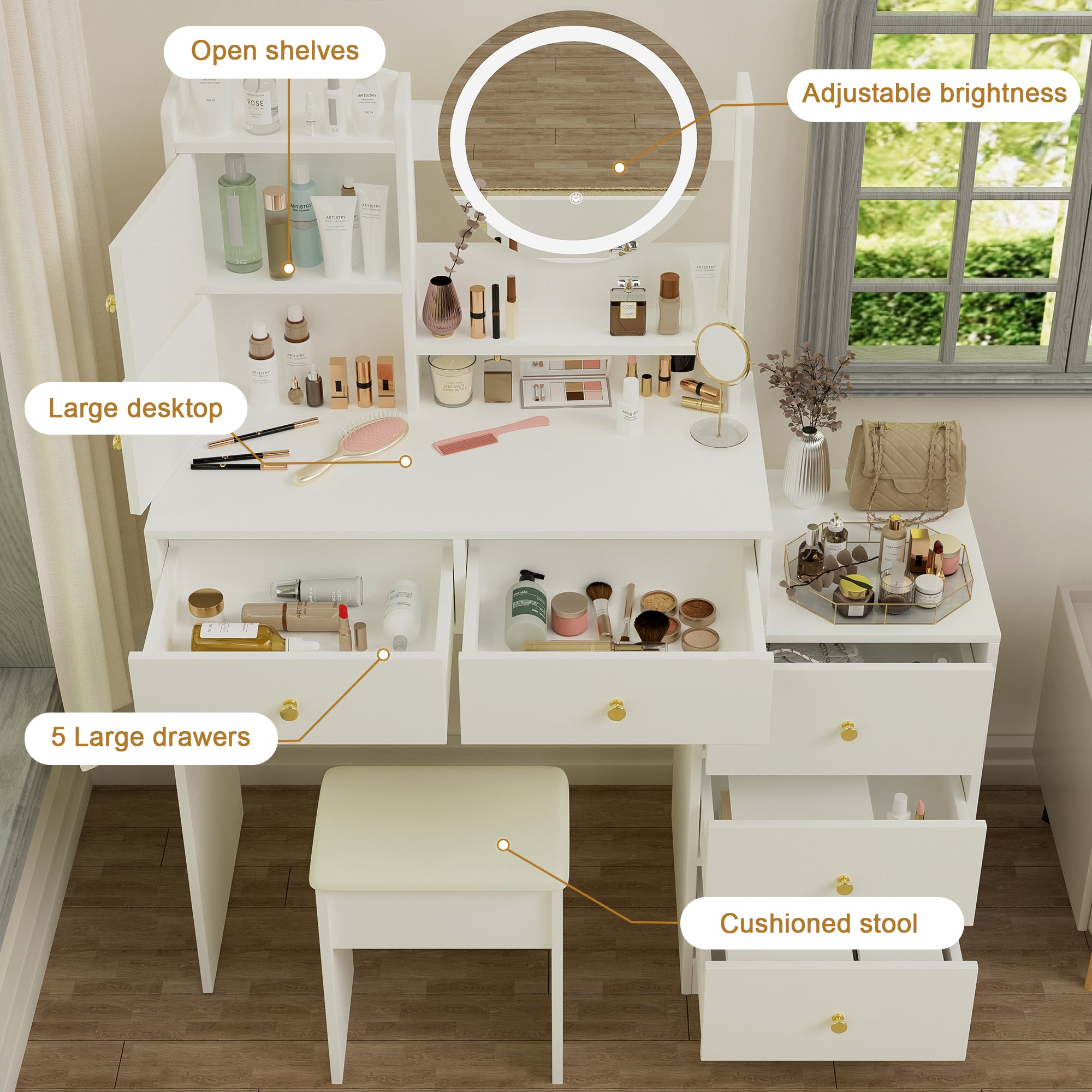 Fashion Vanity Desk with Mirror & Lights, 5 Drawers, White MDF, 47" Modern Makeup Table Set with Cushioned Stool, Adjustable 3-Color LED Lighting, Bedroom Furniture, Ideal Gift