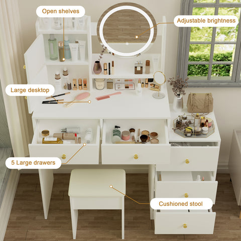 Fashion Vanity Desk with Mirror & Lights, 5 Drawers, White MDF, 47" Modern Makeup Table Set with Cushioned Stool, Adjustable 3-Color LED Lighting, Bedroom Furniture, Ideal Gift