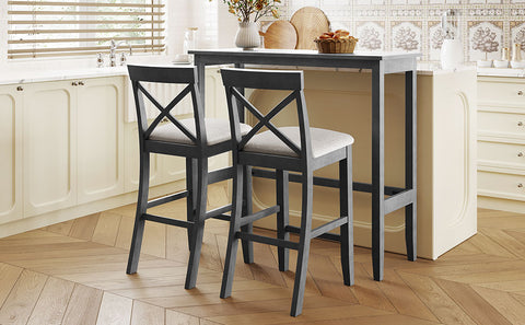 TOPMAX Farmhouse 48" Rectangular Wood Bar Height Dining Set for Small Kitchens & Breakfast Nooks - Gray Frame & Beige Cushions, Seats 2, Acacia Wood, Space-Saving Design