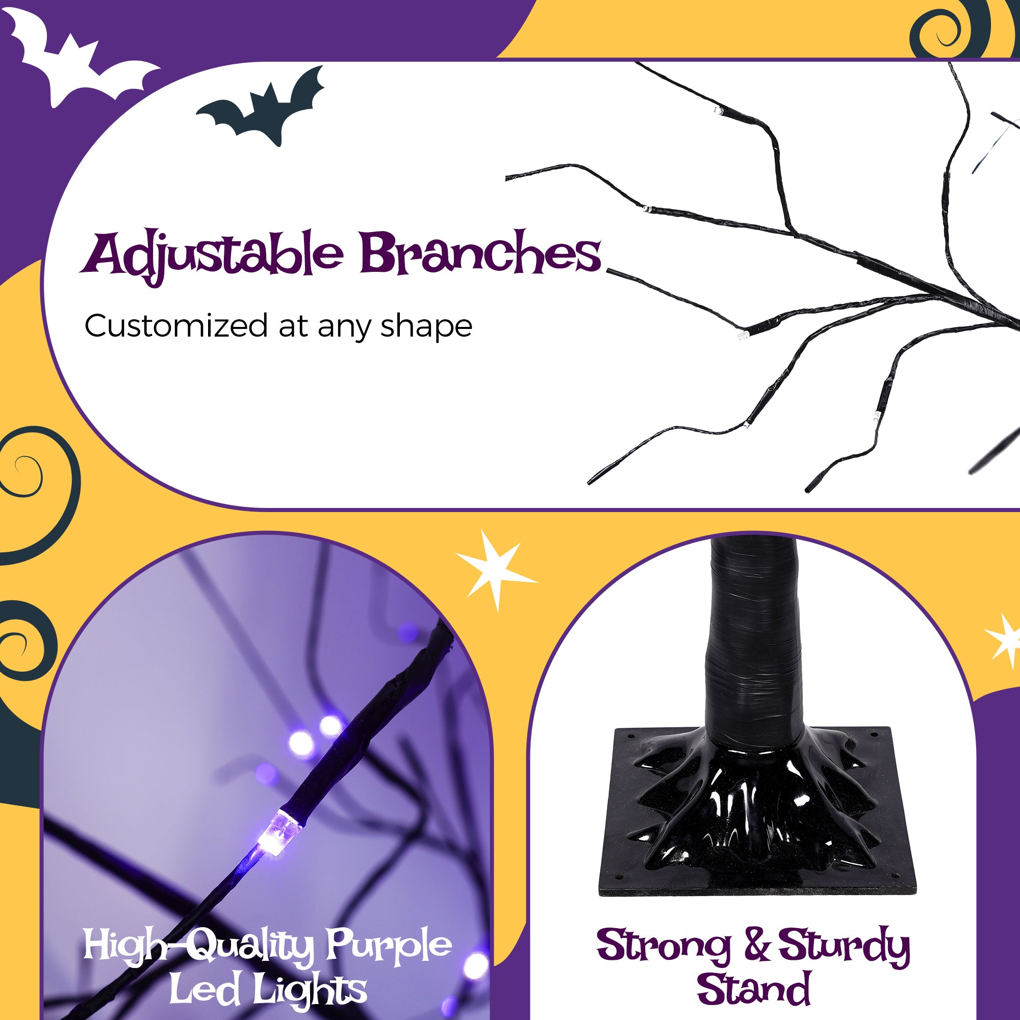 4-6FT Halloween Spooky Tree with 216 Purple LED Lights, Lighted Black Artificial Tree for Indoor Haunted House Decor, Durable Vinyl, Steady Glow