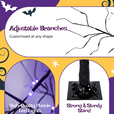 4-6FT Halloween Spooky Tree with 216 Purple LED Lights, Lighted Black Artificial Tree for Indoor Haunted House Decor, Durable Vinyl, Steady Glow