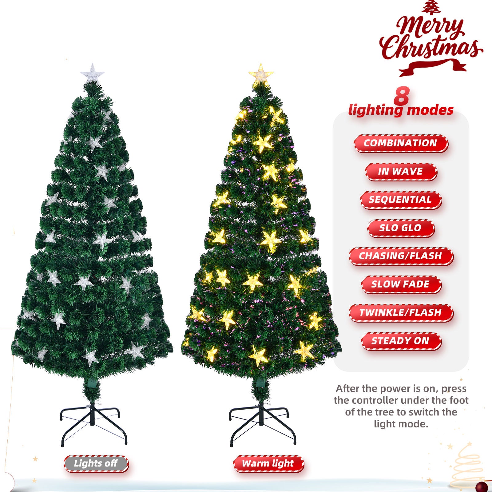 7FT Pre-Lit Fiber Optic Christmas Tree Green Spruce with 245 LED Warm White Lights &amp; Star Topper. Realistic PVC Needles, Stable Metal Stand. Indoor Holiday Decor for Home &amp; Office.