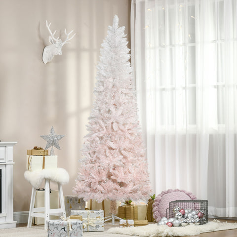 HOMCOM 7ft Pink & White Pencil Fir Artificial Christmas Tree - Unlit, Slim PVC, Realistic Branches, Steel Base - Perfect for Small Spaces, Entryways, Festive Home Decor