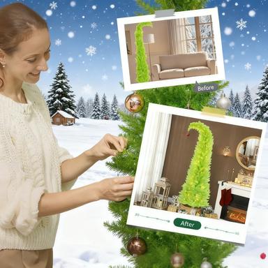 72 Inch Whimsical Pencil Christmas Tree - Prelit Green Xmas Tree with 230 Warm White LEDs, Red Ball Top, 555 Tips, Metal Base for Indoor Holiday Decor