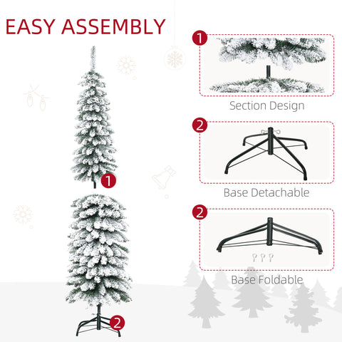 HOMCOM 6ft Slim Pencil Artificial Christmas Tree, Unlit Snow Flocked Green Xmas Tree with 395 Realistic Tips, Plastic, for Home &amp; Office Holiday Decor