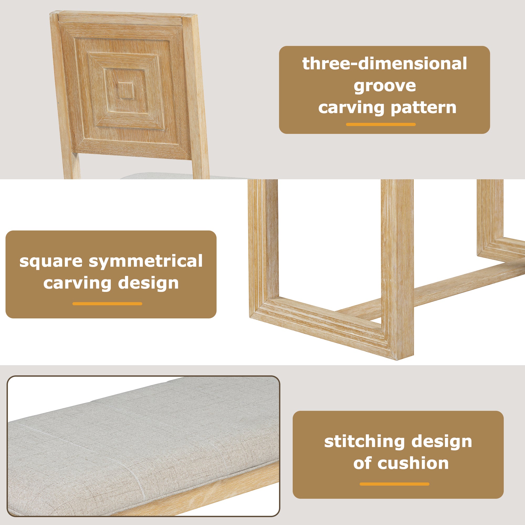 TREXM 6-Piece Retro Dining Table Set for 6, 60" Oak Veneer Wood Kitchen Table & 4 Chairs with Upholstered Bench, Natural Finish, Dining Room & Kitchen Use, Durable Rubberwood Legs