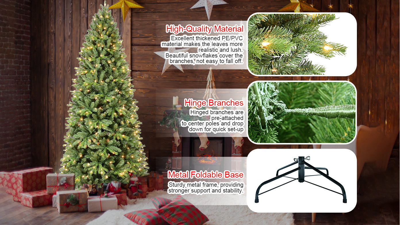 7.5FT Lush Green Christmas Tree: 1599 PVC/PE Tips, 450 Warm White LEDs, Hinged Branches, Metal Stand. Easy Setup Holiday Decor for Home & Indoor Use.