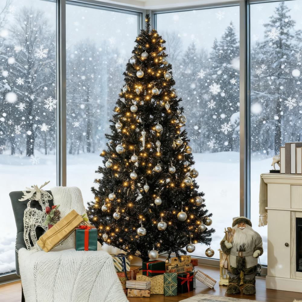 7.5 FT Tall Black Artificial Christmas Tree with 500 Warm White LED Lights &amp; 1346 Full Branch Tips - Easy Assemble Hinged Xmas Tree with Metal Base for Indoor Holiday Decor