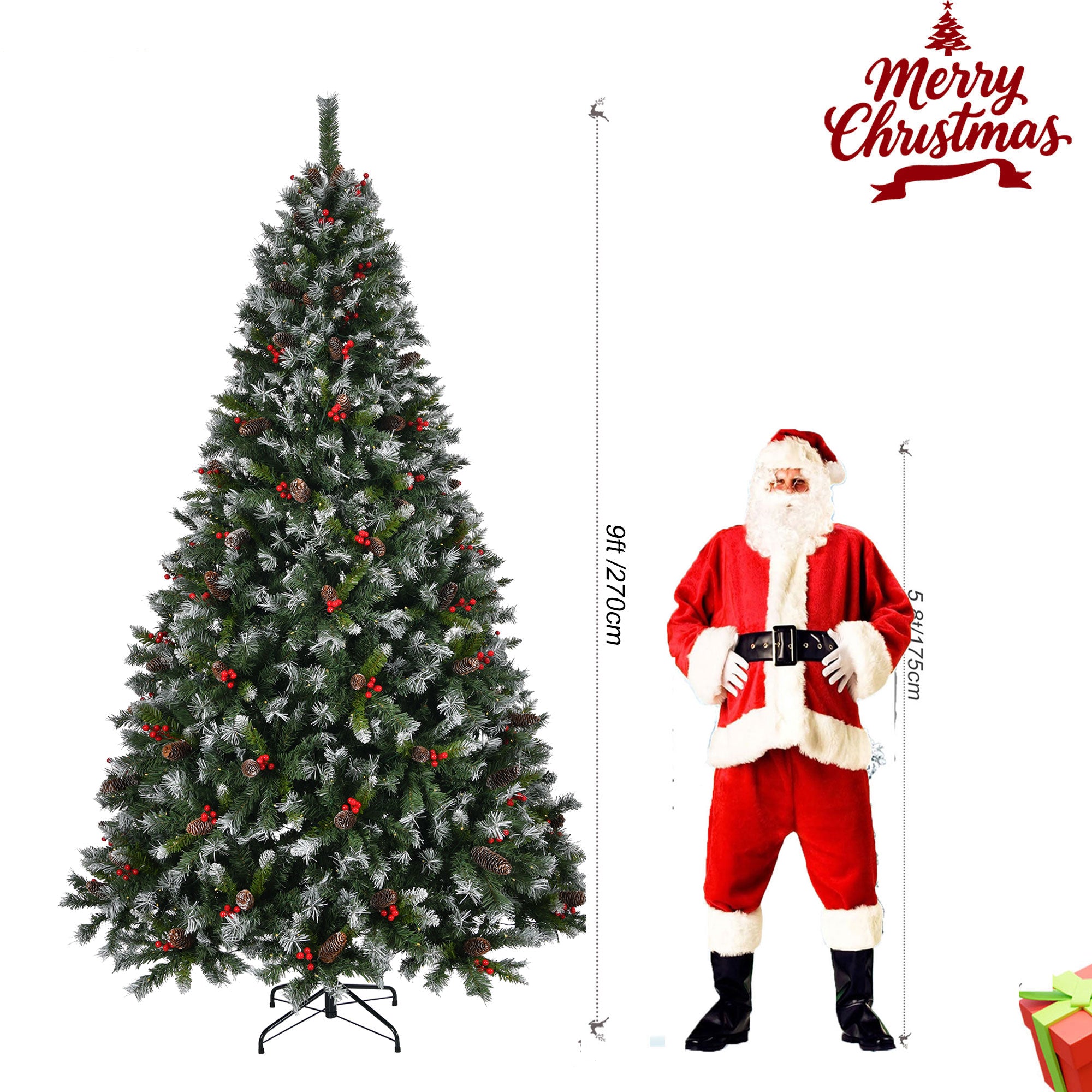 9ft Pre-Lit Pre-Decorated Pine Christmas Tree: 1740 Flocked Frosted Tips, 103 Pine Cones, 309 Red Berries, 600 Lights, Metal Base. Lush Green PVC for Home, Office Holiday Parties. Easy Setup.