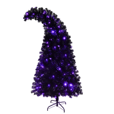 6ft Black Artificial Christmas Tree with LED Lights: Whimsical Hat-Shaped, 900 PET Tips, 250 Orange/Purple Lights, Hinged Branches, Metal Stand for Indoor Holiday Decor