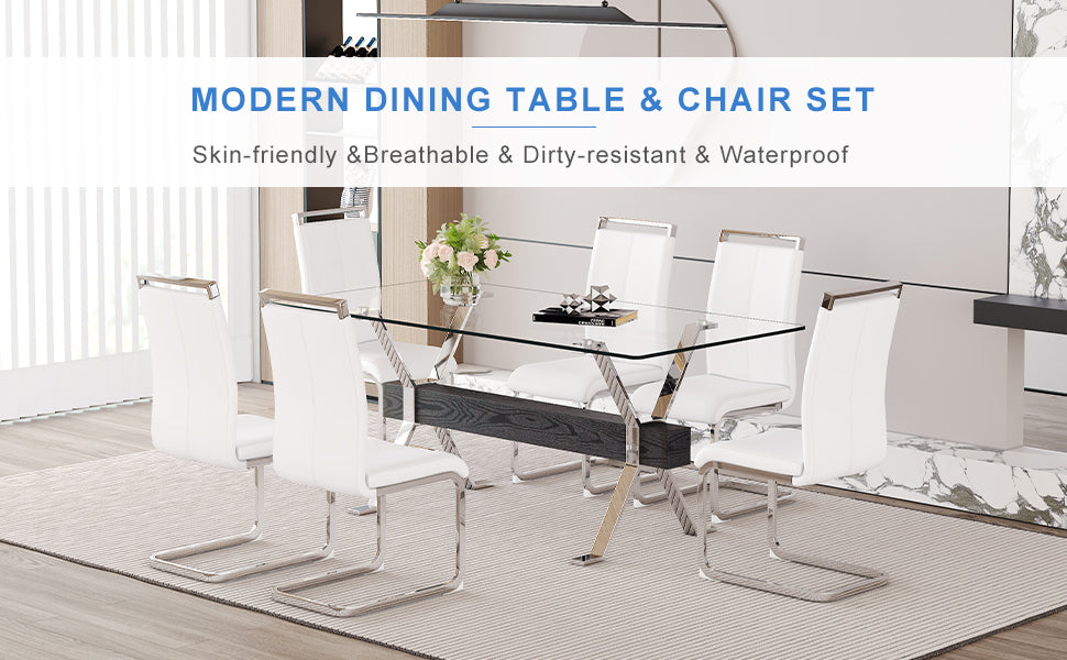 Elegant Transparent Tempered Glass Dining Set with 6 White PU Chairs - 71"x35.4" Modern Kitchen &amp; Dining Room Furniture for 4-8 People, Silver Legs, Minimalist Design