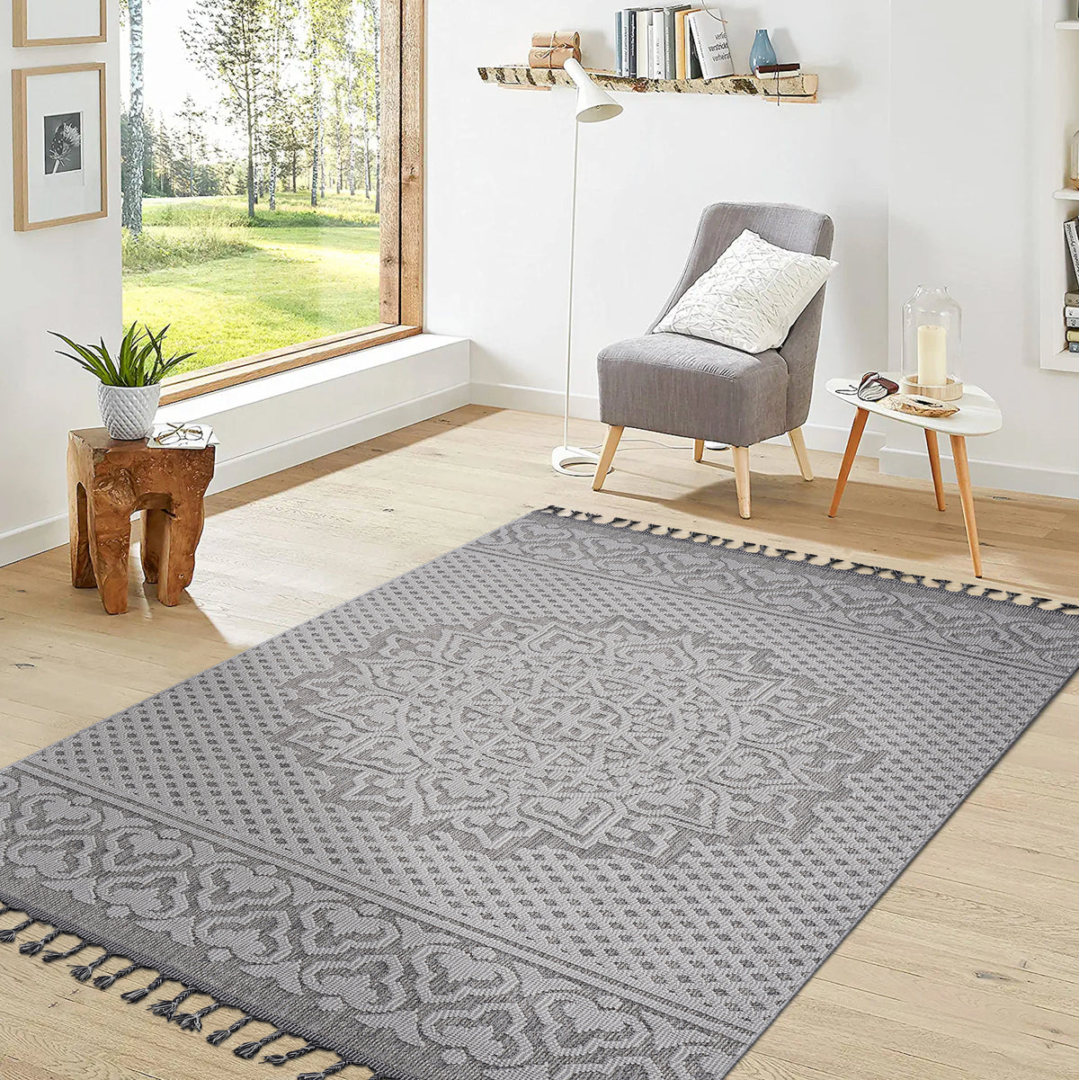 Guros Collection 6x9 Indoor/Outdoor Area Rug - Stain Resistant, Non-Shedding Polypropylene Gray/White Medallion - Durable, Easy Care for Living Room, Patio, Entryway - Turkish Made, Latex-Free Cotton Backing