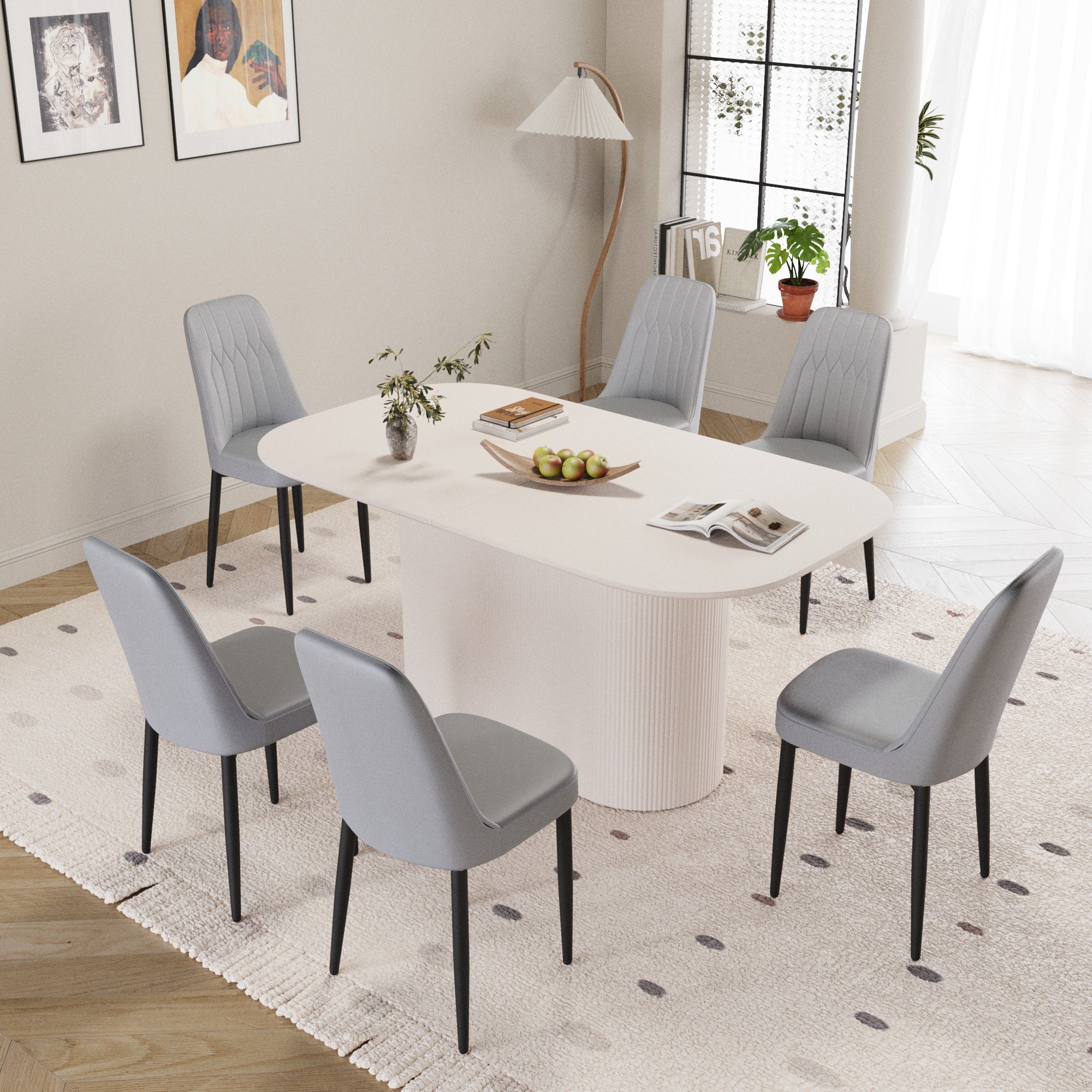 63" Cream Modern MDF Dining Table Set with 6 Grey PU Leather Ergonomic Chairs - Industrial Style Home & Kitchen Furniture for 4-8 Guests - Easy Assembly