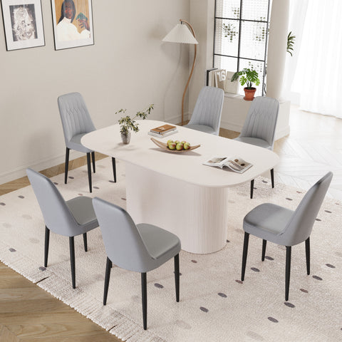 63" Cream Modern MDF Dining Table Set with 6 Grey PU Leather Ergonomic Chairs - Industrial Style Home & Kitchen Furniture for 4-8 Guests - Easy Assembly