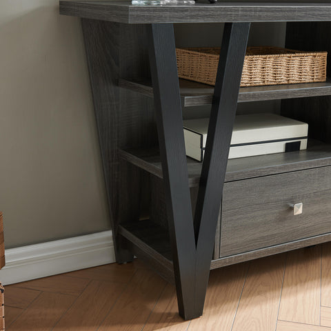 Tall TV Stand cabinet with two drawers on metal glides metal square knob handles and two divided shelf tiers