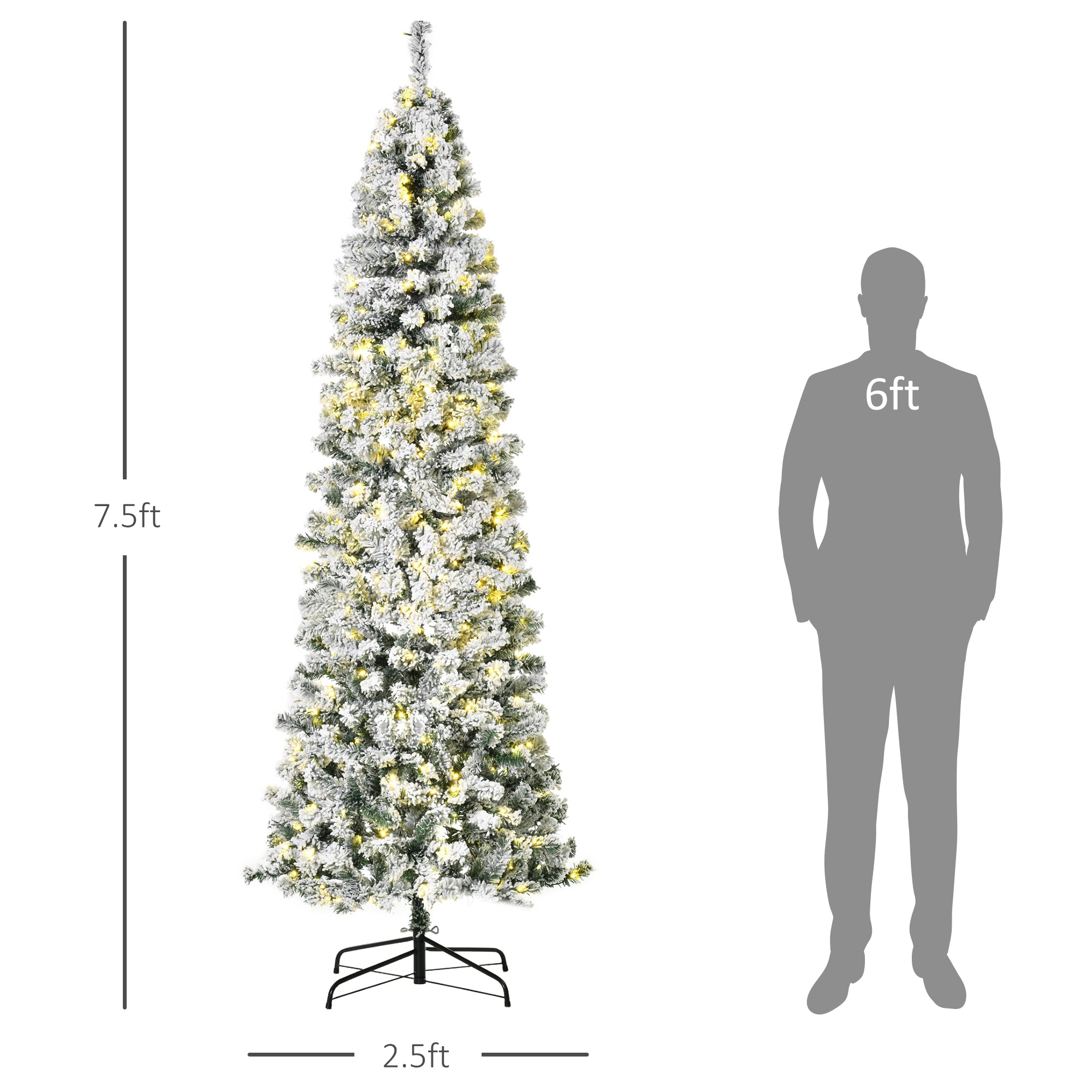 HOMCOM 7.5ft Pre-Lit Slim Douglas Fir Christmas Tree: Snow-Flocked, 350 Warm White LEDs, 641 Realistic PVC Tips. Hinged, Easy Assembly, Steel Base, Perfect for Indoor Holiday Decor.