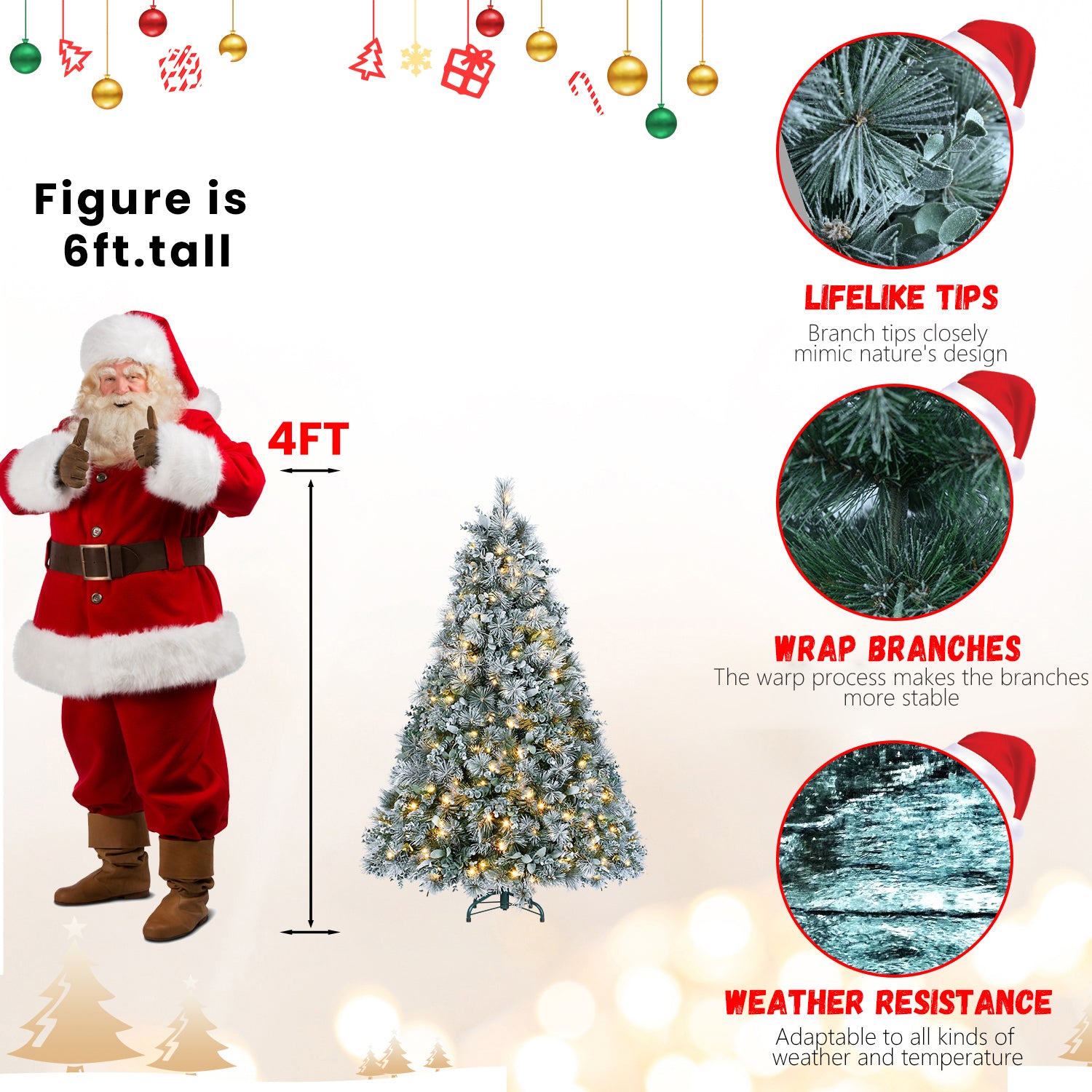 4FT Snow-Flocked Christmas Tree: Pine & Eucalyptus Mix, 150 Warm White LEDs, 404 Hinged Tips, Metal Stand - Realistic Snowy Artificial Tree for Cozy Holiday Decor
