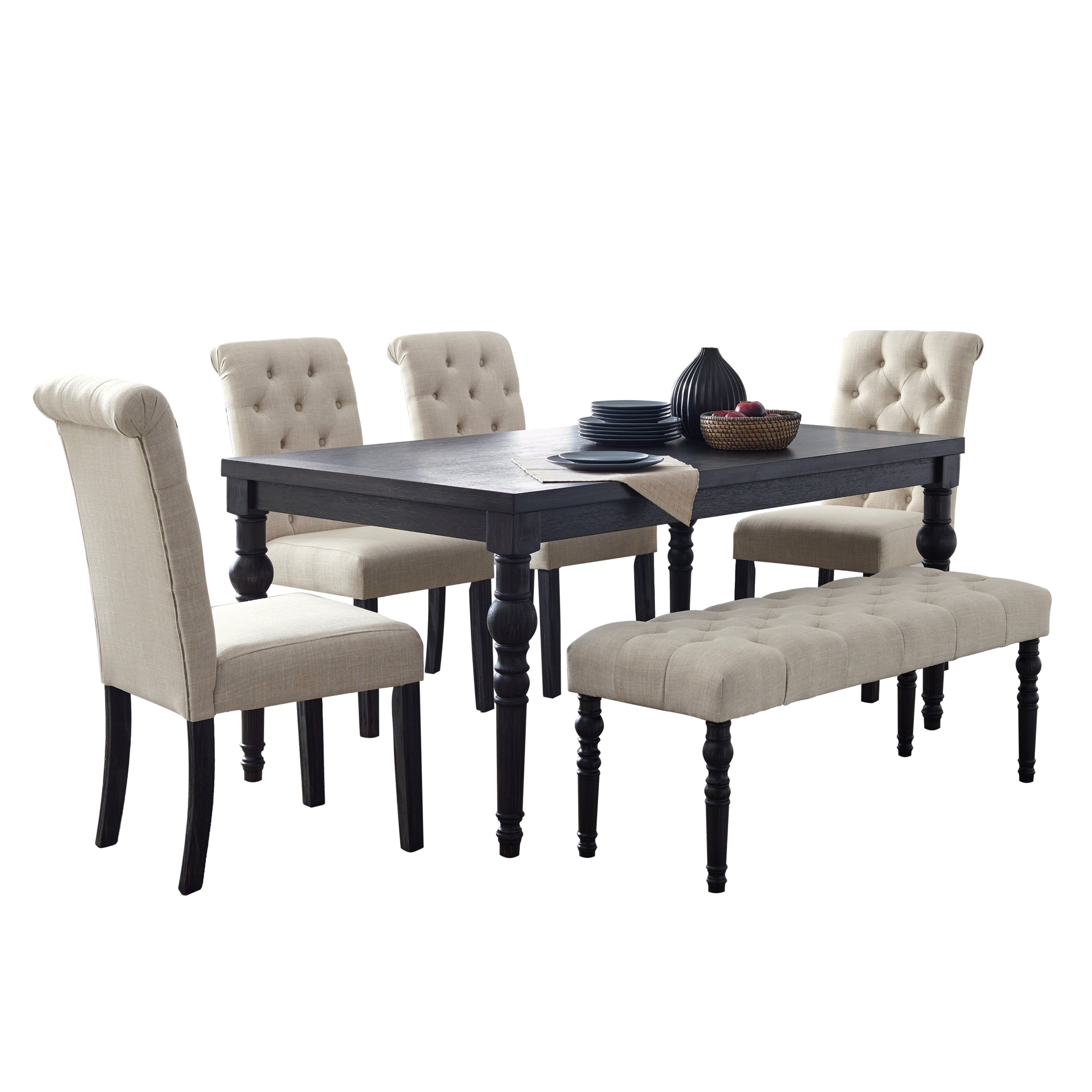Leviton Urban Style Dark Wash Wood Dining Set: 5-Piece Rectangular Table, 4 Padded Chairs & Bench for Dining Room | Solid Rubberwood Frame, Black Legs, Button Tufted Fabric Seats | 65" W Table