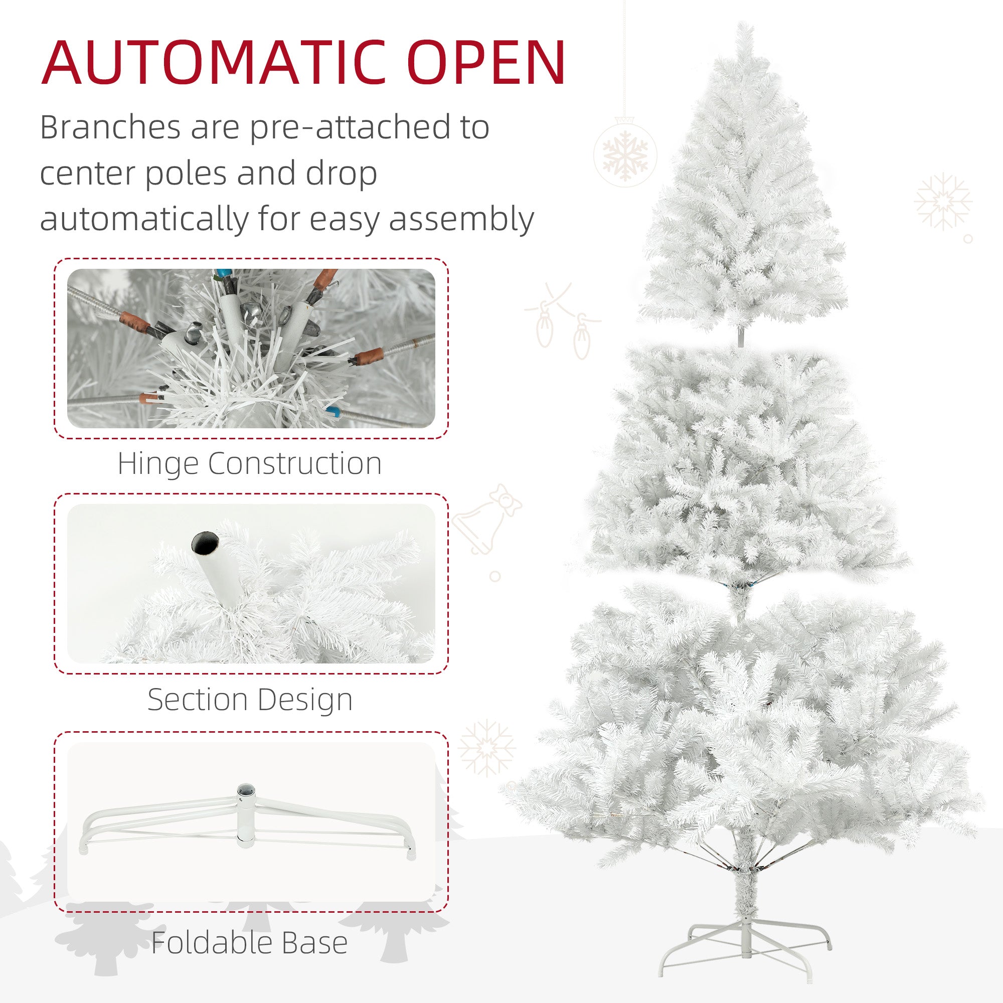 HOMCOM 9ft White Artificial Christmas Tree - Unlit Xmas Tree w/ 2132 Branch Tips, Auto Open, Steel Base for Home & Office Holiday Decor
