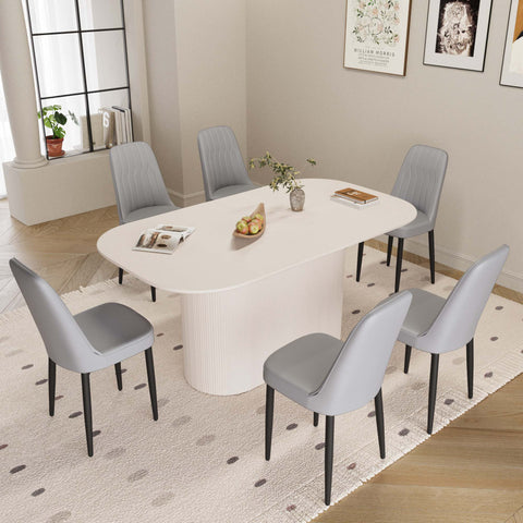 63" Cream Modern MDF Dining Table Set with 6 Grey PU Leather Ergonomic Chairs - Industrial Style Home & Kitchen Furniture for 4-8 Guests - Easy Assembly