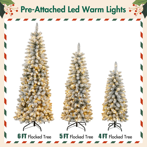 3 Pcs Flocked Artificial Christmas Trees Set w/ Warm White LED Lights, 4ft 5ft 6ft Snow-Covered Pine Tree Decor for Indoor Holiday Parties, Easy Assembly, Dense PVC Tips, Metal Stand, Green/White