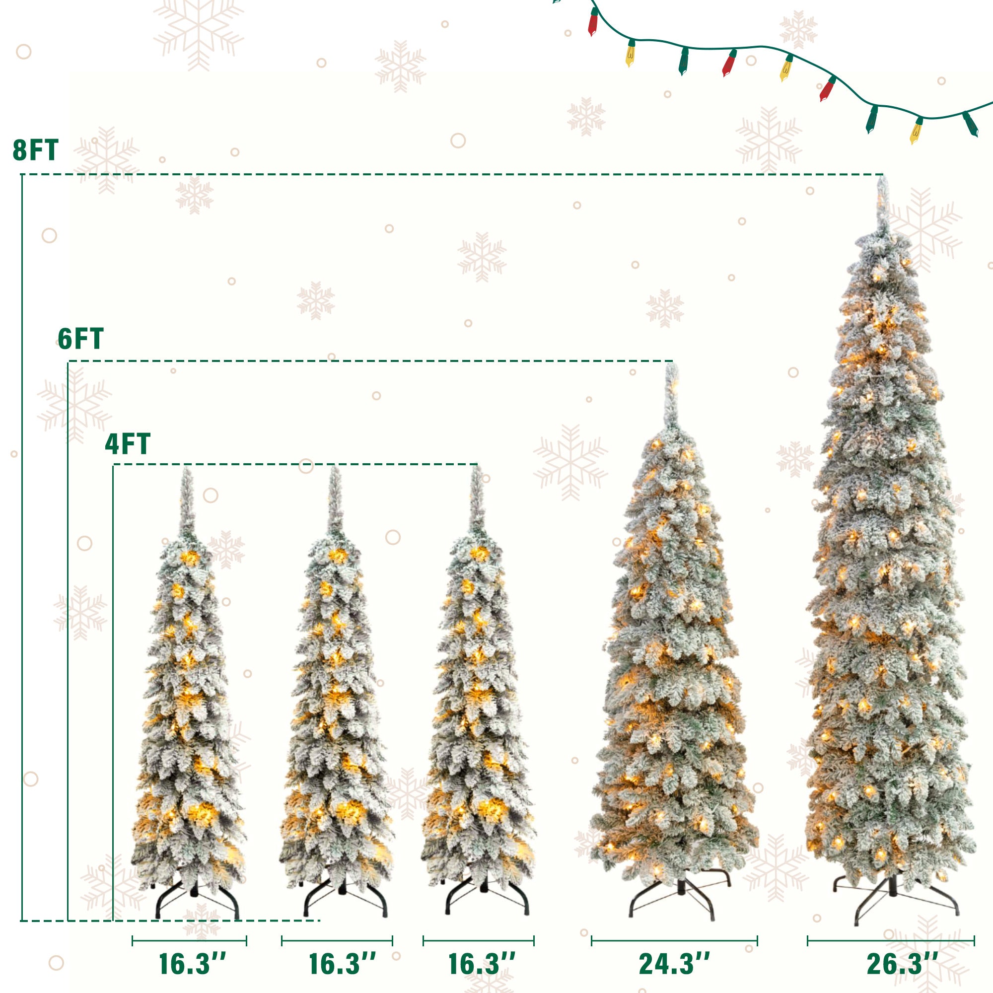 5-Set Pre-Lit Pencil Christmas Trees: 8ft, 6ft, 4ft Slim Artificial Trees w/ Snow Flocking, 350 LED Lights, 11 Modes, Realistic PVC, Indoor Holiday Decor