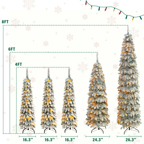 5-Set Pre-Lit Pencil Christmas Trees: 8ft, 6ft, 4ft Slim Artificial Trees w/ Snow Flocking, 350 LED Lights, 11 Modes, Realistic PVC, Indoor Holiday Decor