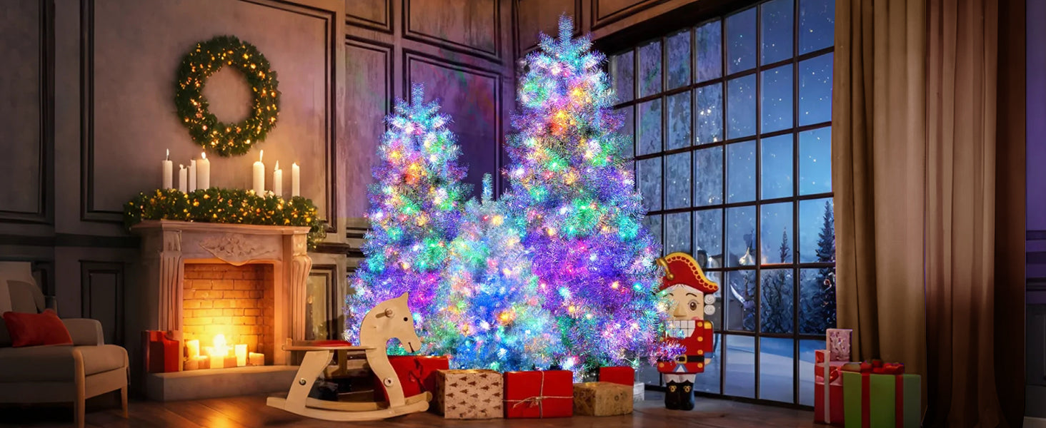 7.4FT, 6FT, 4FT Silver Pre-Lit Hinged Artificial Christmas Tree Set - 2400 Branch Tips, 850 LED Lights, 11 Modes - Metallic Spruce Xmas Decor for Home, Office, School