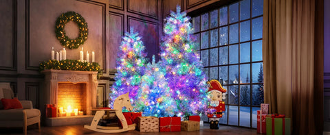 7.4FT, 6FT, 4FT Silver Pre-Lit Hinged Artificial Christmas Tree Set - 2400 Branch Tips, 850 LED Lights, 11 Modes - Metallic Spruce Xmas Decor for Home, Office, School