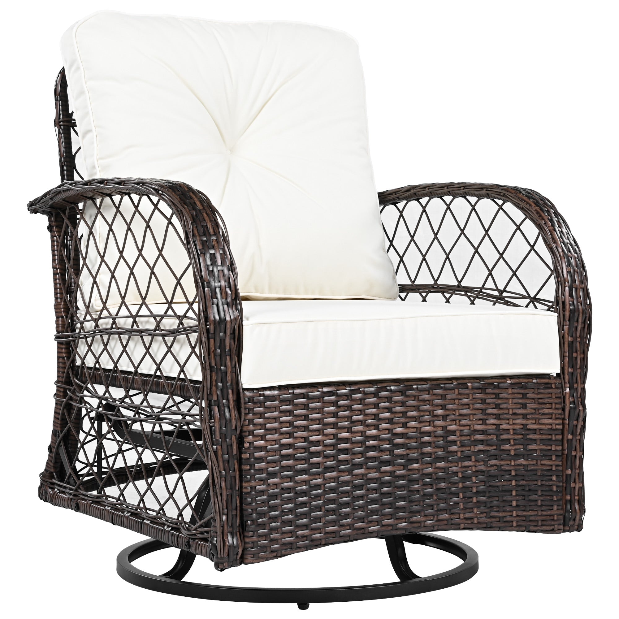 3-Piece Brown Rattan Outdoor Chat Set: 2 Swivel Rocker Chairs &amp; Glass Top Table for Garden Patio Balcony, Weather-Resistant Wicker Seating Group with Cushions
