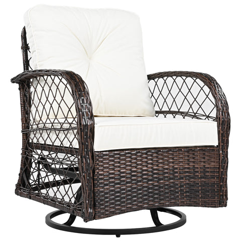 3-Piece Brown Rattan Outdoor Chat Set: 2 Swivel Rocker Chairs &amp; Glass Top Table for Garden Patio Balcony, Weather-Resistant Wicker Seating Group with Cushions