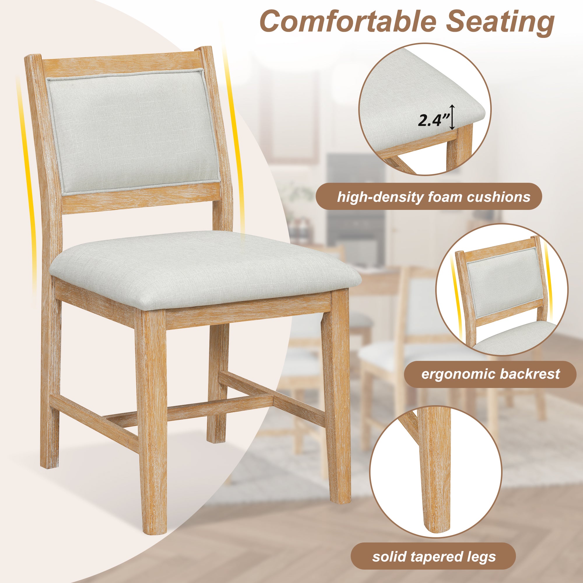 TREXM 7-Piece Retro Rectangular Wood Dining Table Set for 6 - Natural Oak Veneer & MDF with Upholstered Foam Chairs - Spacious Kitchen & Dining Room Furniture - Durable Solid Wood Legs