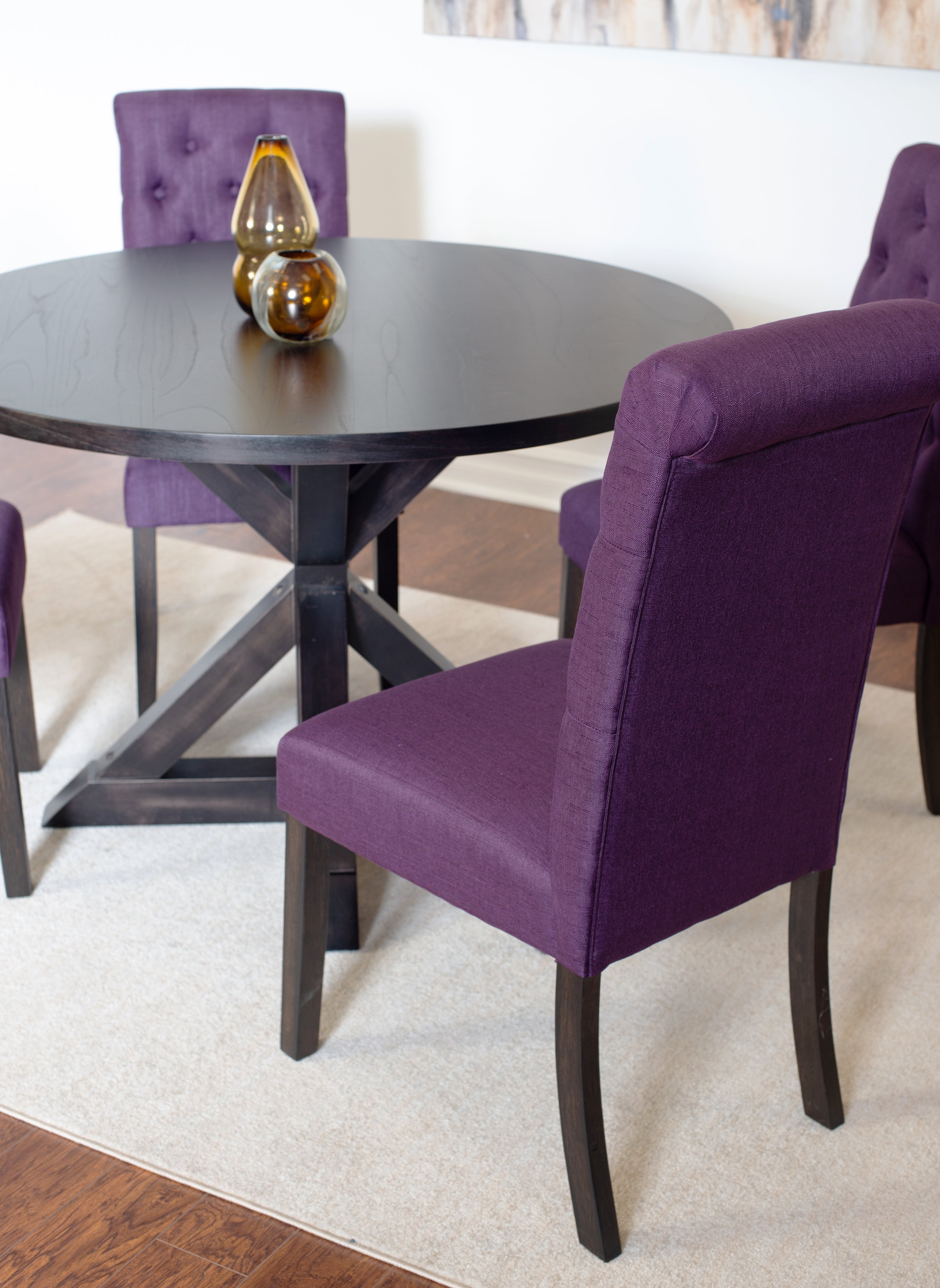 Nylander 5-Piece Round Dining Set: Black Oak Veneer Cross-Buck Pedestal Table (47.25") & 4 Espresso Button-Tufted Chairs for Cozy Dining Rooms