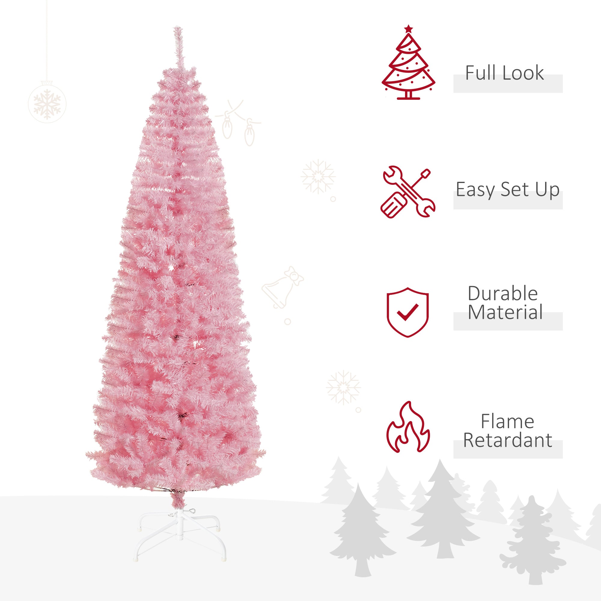 HOMCOM 7ft Pink Slim Douglas Fir Artificial Christmas Tree | 818 Realistic Branch Tips | Indoor Holiday Decor for Apartments &amp; Dorms | Easy Assembly