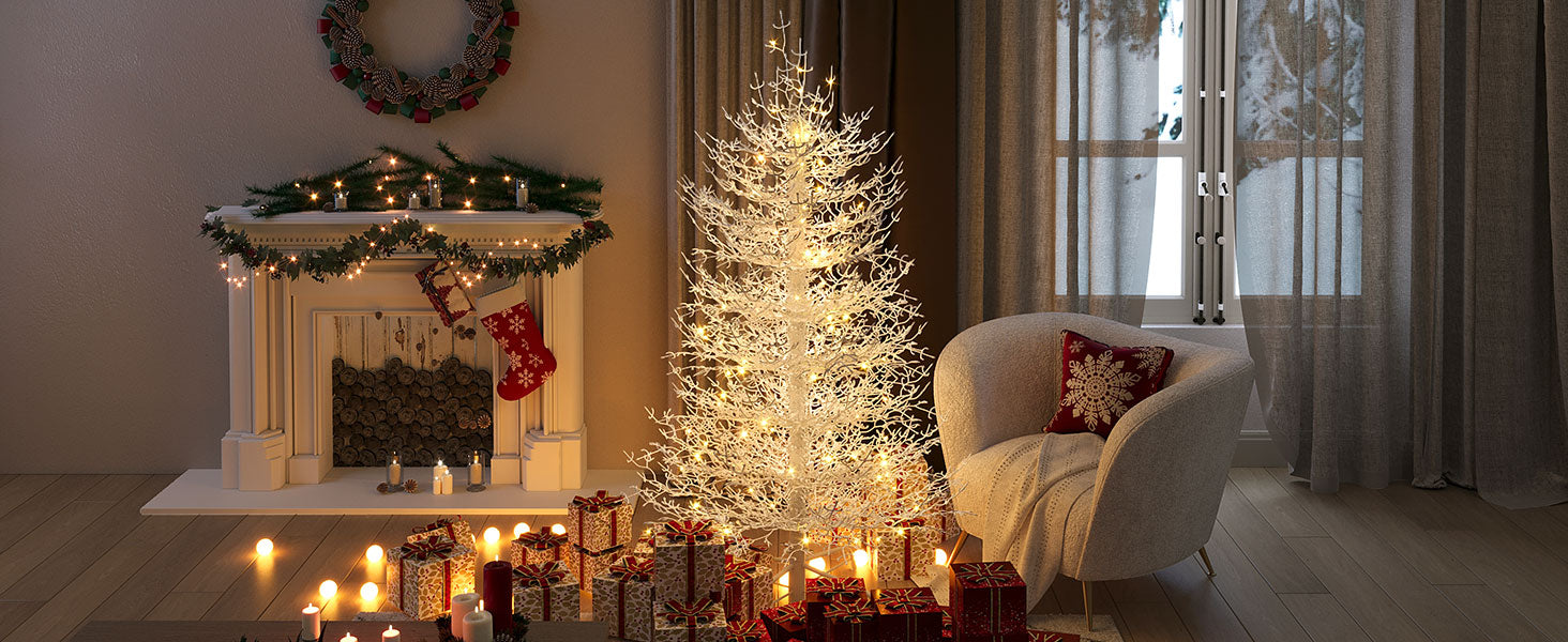 4FT Snow Flocked Aspen Fir Artificial Christmas Tree - Hinged, 280 Tips, 230 Warm White LED Lights, Coral White for Home, Party & Holiday Decor