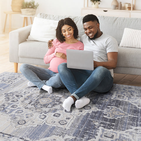 PAYAS Collection 6x9 Cream & Blue Medallion Area Rug - Stain Resistant, Non-Shedding Polyester for Living Room, Bedroom, Home Office. Durable, Easy Care, Medium Pile (0.28"). Turkish Made.