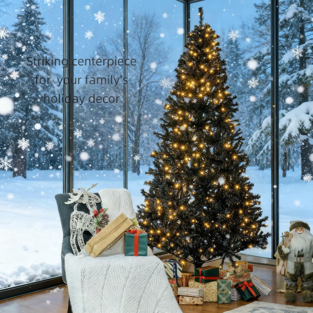 7.5 FT Tall Black Artificial Christmas Tree with 500 Warm White LED Lights &amp; 1346 Full Branch Tips - Easy Assemble Hinged Xmas Tree with Metal Base for Indoor Holiday Decor