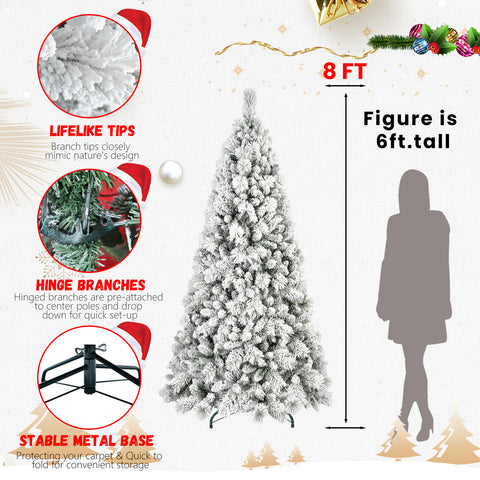 4FT Snowy Flocked Christmas Tree with 150 Warm White LEDs - Realistic 350 PVC & Hard Needle Tips, Hinged Design, Sturdy Metal Stand for Home & Holiday Decor