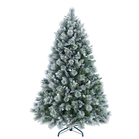 4FT Snowy Flocked Christmas Tree | Pine & Eucalyptus Mix | 404 Tips | Hinged Branches | Metal Stand | White & Green | Indoor Holiday Home & Office Decor