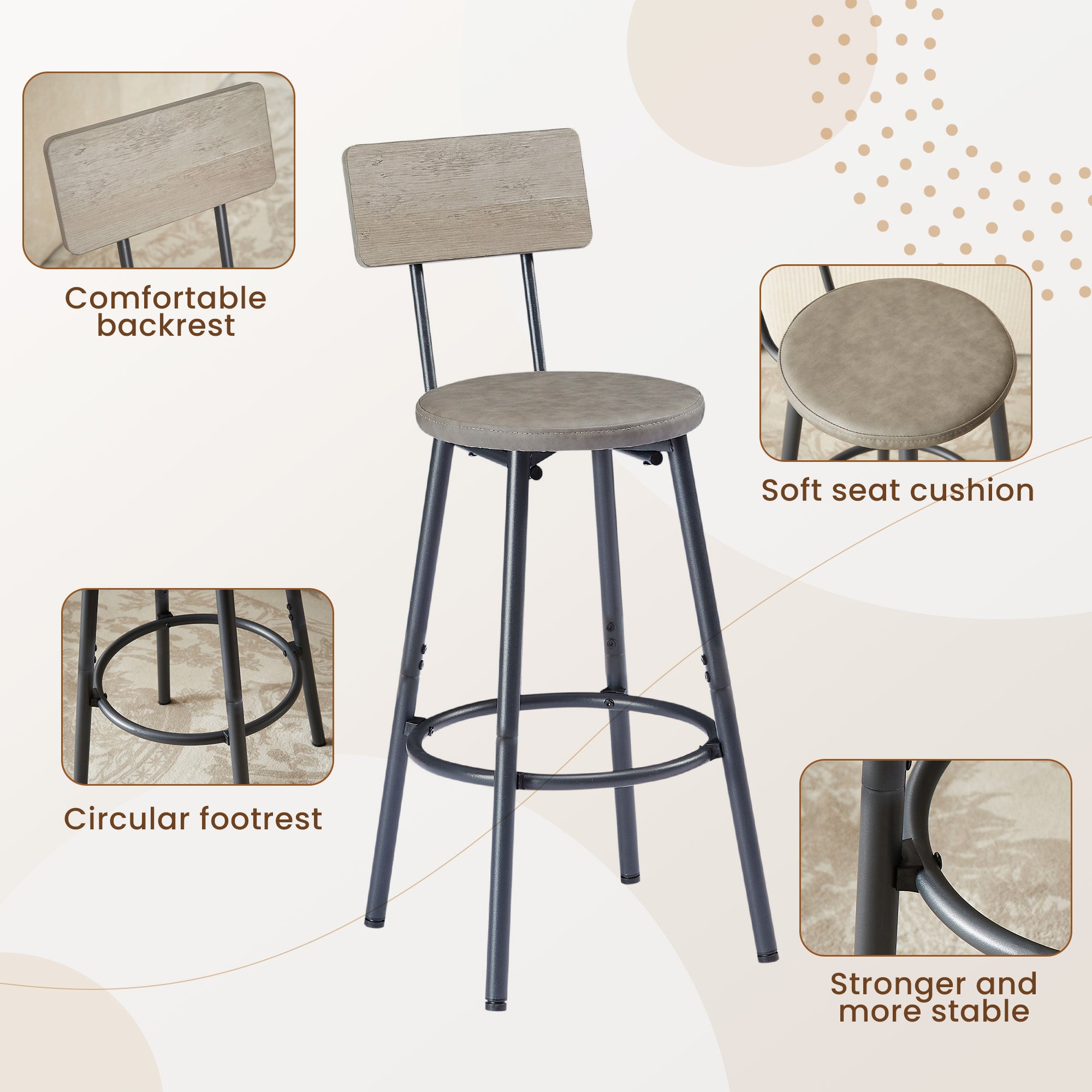 Rustic Grey Industrial Pub Dining Table Set for 6 - 7pc Bar Table w/ PU Leather Back Chairs, 47.2"L x 23.6"W x 35.4"H, Kitchen, Breakfast Nook, Living Room, Bar Area