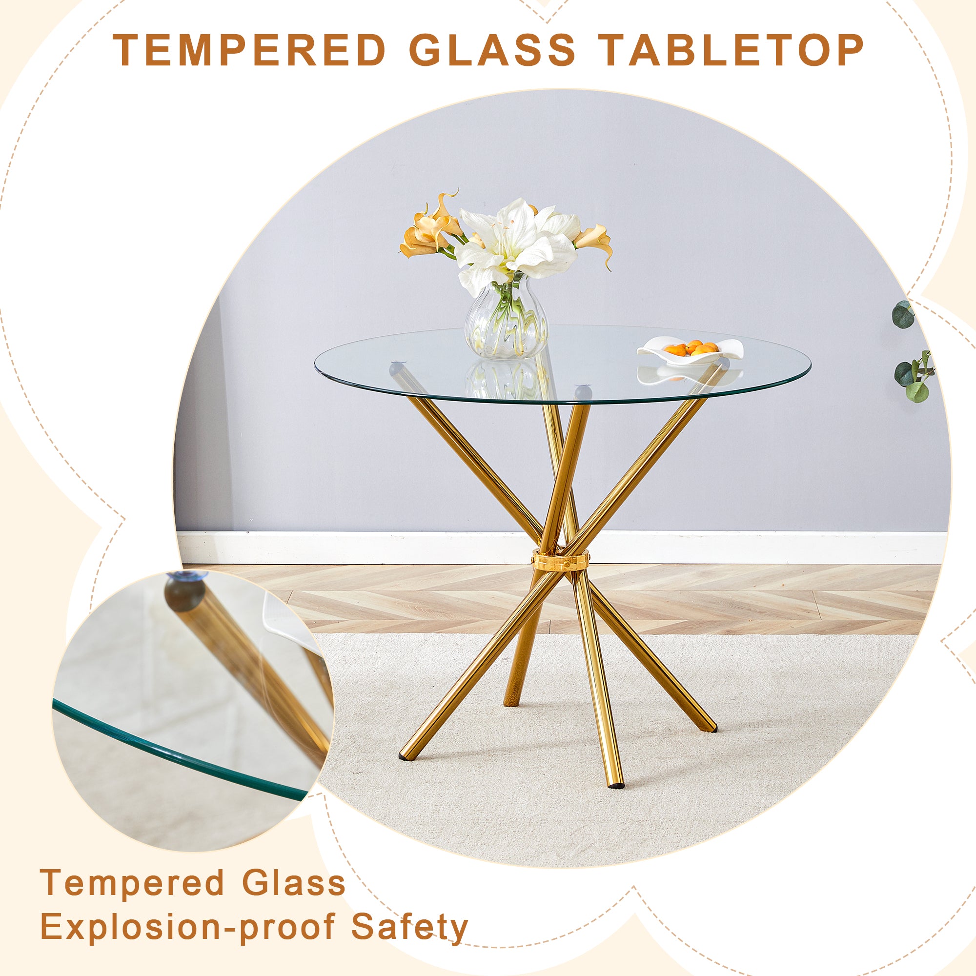 4-Piece Modern Luxe Dining Set: 36.6'' Round Tempered Glass Table & Black Linen-Cotton Chairs with Gold Metal Legs - Chic Seating for Kitchen, Living Room, Home Office | Seats 4