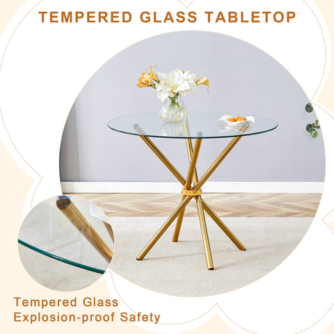 4-Piece Modern Luxe Dining Set: 36.6'' Round Tempered Glass Table & Black Linen-Cotton Chairs with Gold Metal Legs - Chic Seating for Kitchen, Living Room, Home Office | Seats 4